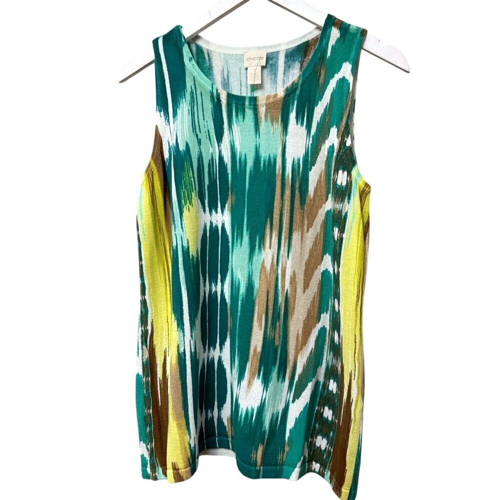 CHICO'S Womens Top Medium (Chicos 1) Sleeveless Tank Sweater Green Ikat NWOT